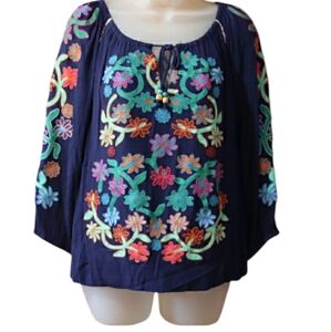 John Mark Blue Colorful Embroidered Floral Boho Hippie Blouse Medium